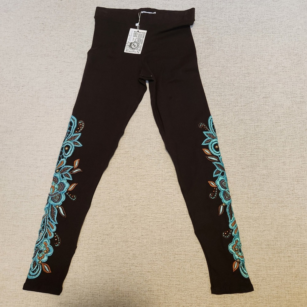 BrazilRoxx Leggings Womens XS Brown Turquoise Floral Embroidered Lace Studs